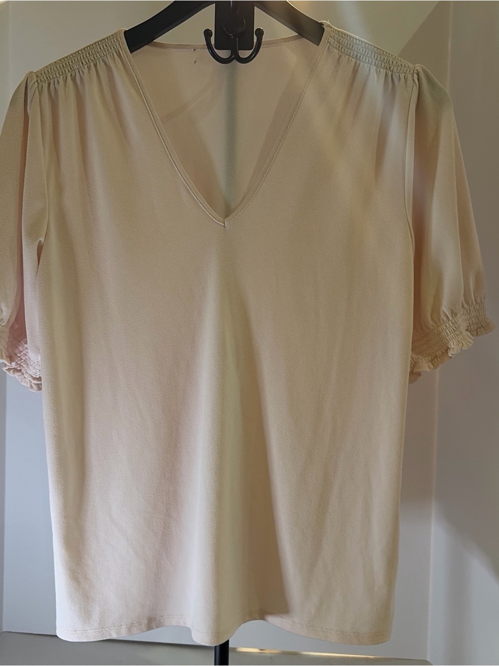 Women's Cream V-Neck Short Sleeve Blouse with Smocked Shoulders